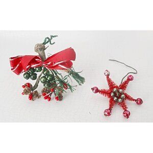 2 Vintage Christmas Corsage 1930s Chenille Mercury Glass Beads Corsages